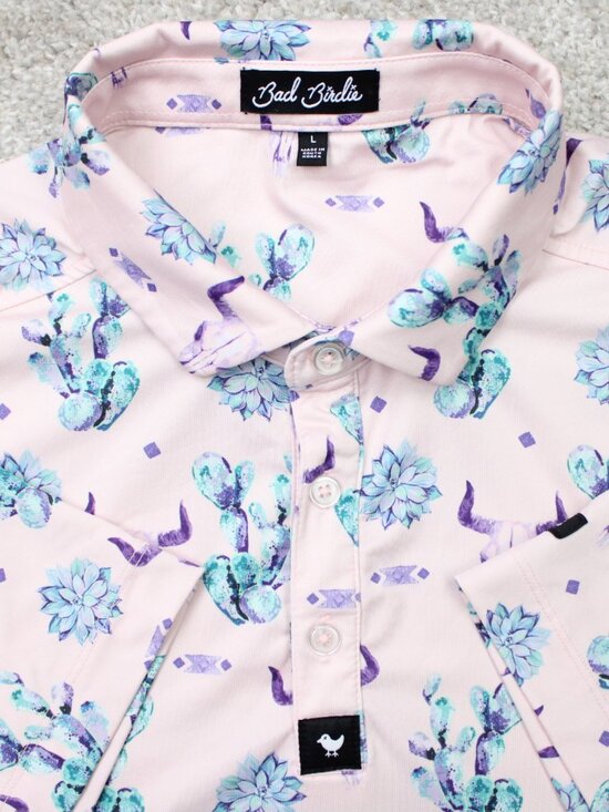 Bad Birdie Other - Bad Birdie The Ranch Polo Shirt Mens Large Pink Cactus & Cow AOP Short Sleeve